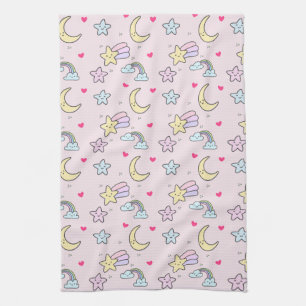 Moon, Stars and Clouds Pattern on Pastel Pink Kitchen Towel