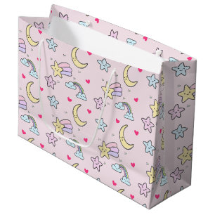 Moon, Stars and Clouds Pattern on Pastel Pink Large Gift Bag