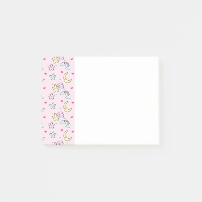 Moon, Stars and Clouds Pattern on Pastel Pink Post-it Notes (Front)