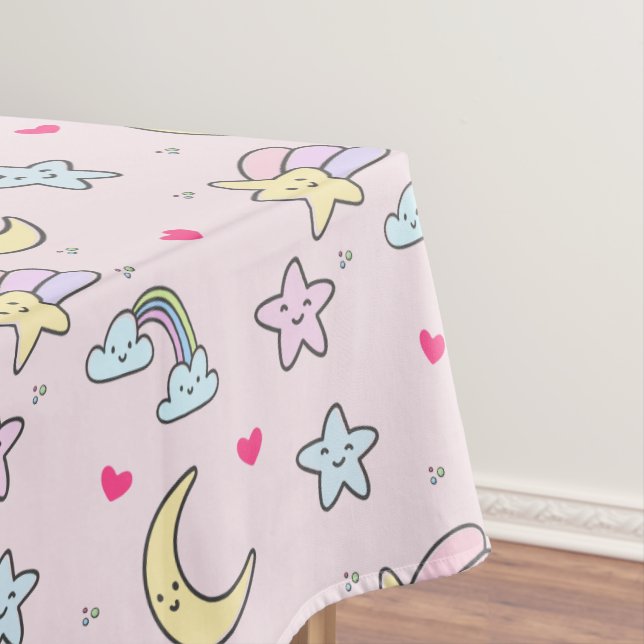 Moon, Stars and Clouds Pattern on Pastel Pink Tablecloth (In Situ)