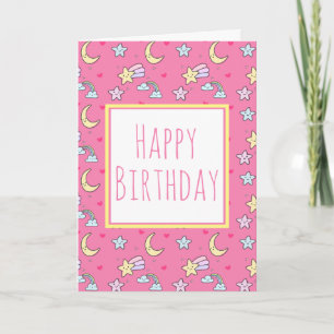 Moon, Stars and Clouds Pattern on Pink Birthday Card