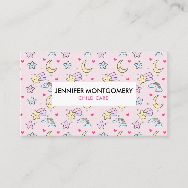 Moon, Stars and Clouds Pattern on Pink Business Card (Front)