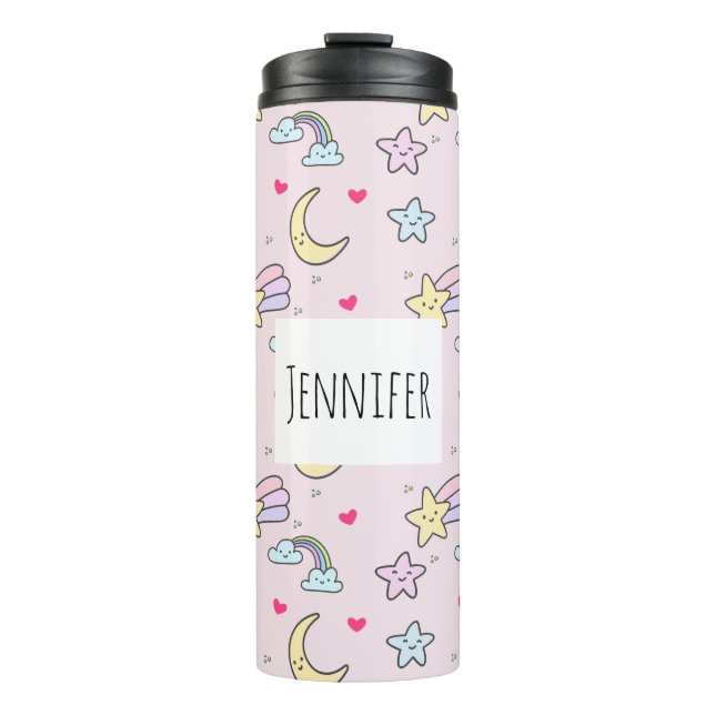 Moon, Stars and Clouds Pattern on Pink Thermal Tumbler (Front)