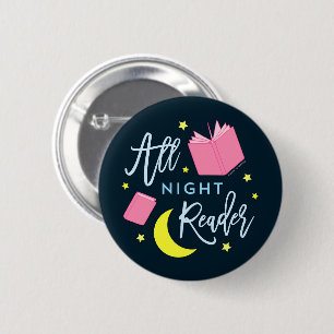 Moon Stars and Pink Books All Night Reader 2 Inch Round Button