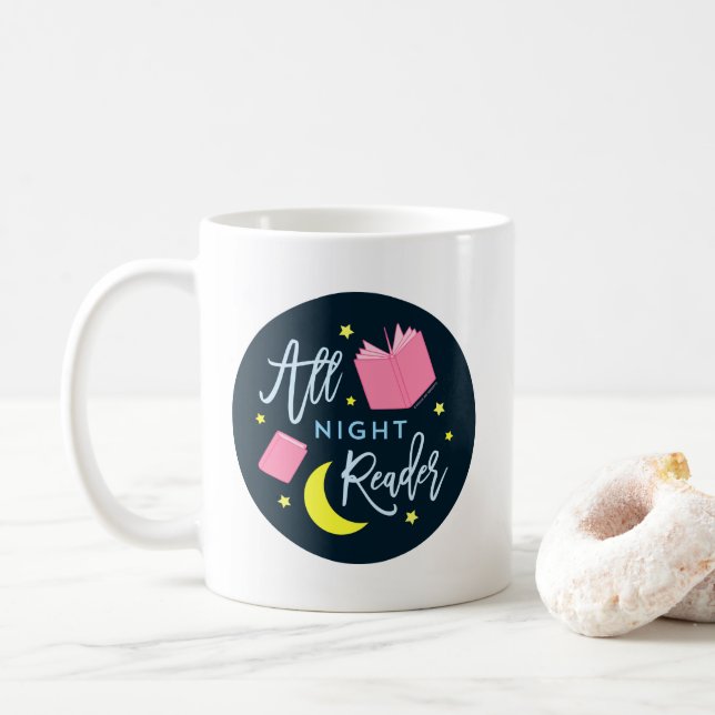 Moon Stars and Pink Books All Night Reader Coffee Mug (With Donut)