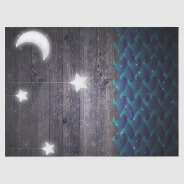 Moon, Stars, and Waves on Wood Decoupage Tissue Paper (Front)