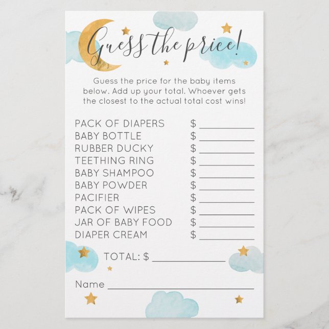 Moon & Stars Baby Shower Clouds Guess the price (Front)