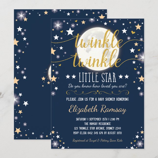 Moon & Stars Baby Shower Navy Gold Twinkle Twinkle Invitation (Front/Back)