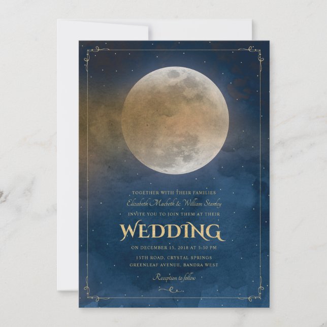 Moon Stars Celestial Navy Blue Wedding Invitation (Front)