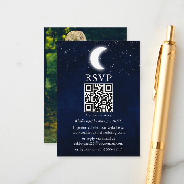 Moon Stars Celestial Wedding QR Photo RSVP Enclosure Card (Front/Back In Situ)