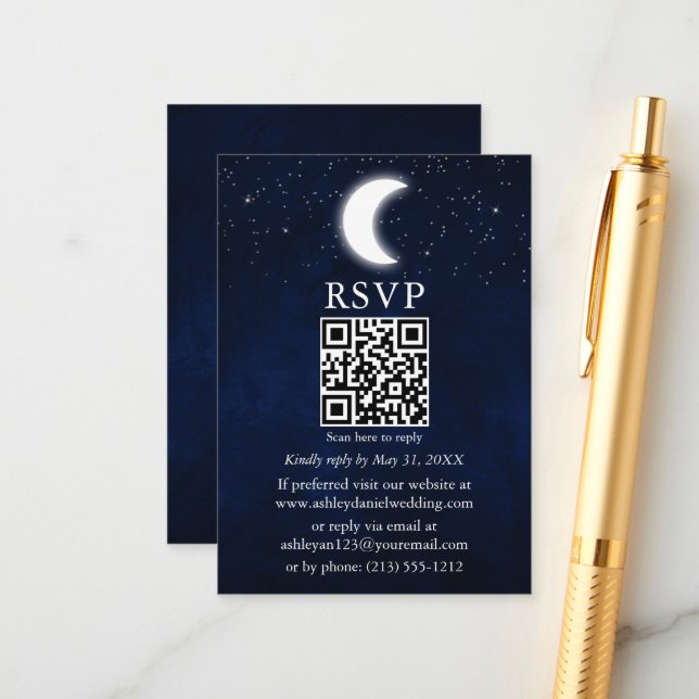Moon Stars Celestial Wedding QR RSVP Enclosure Card (Front/Back In Situ)