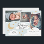 Moon Stars Clouds 3 Photo Collage Blue Announcemen Announcement<br><div class="desc">A fun yet elegant birth announcement design featuring a 3-photo collage with stylish calligraphy script and hand-drawn stars,  clouds,  and crescent moon. All colours are editable using the editing tools.</div>