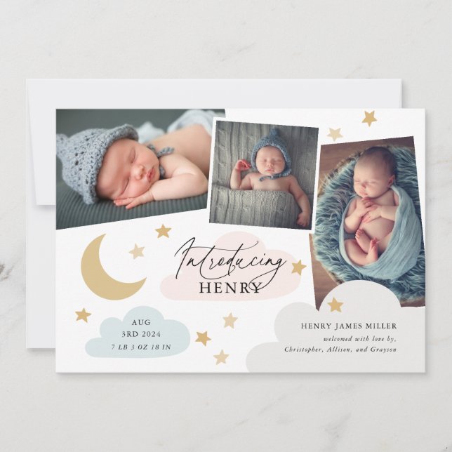 Moon Stars Clouds 3 Photo Collage Colourful Announcement (Front)