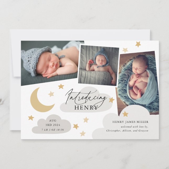 Moon Stars Clouds 3 Photo Collage Grey Announcement (Front)