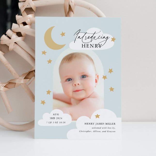 Moon Stars Clouds Arch Photo Baby Blue Birth Announcement (Creator Uploaded)