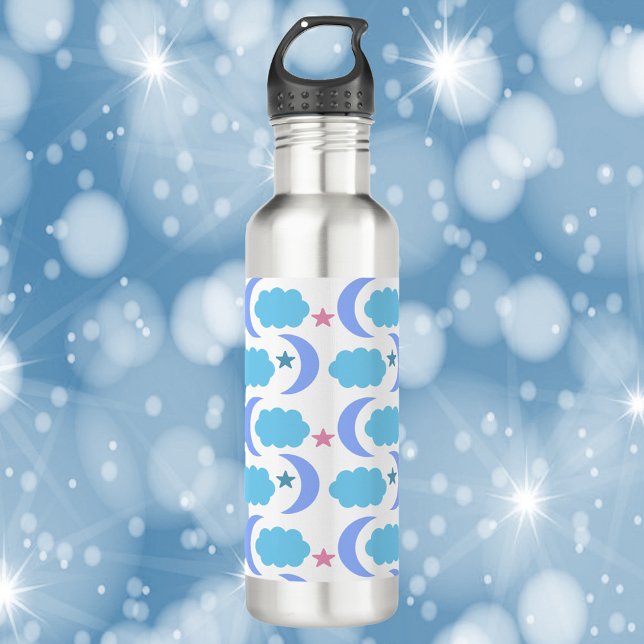 Moon Stars Clouds Purple Blue Pattern 710 Ml Water Bottle (A water bottle with a pattern of moon, stars and clouds in purple, blue and pink!)