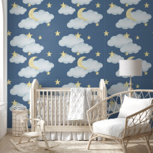 Moon Stars Clouds Sky Neutral Baby Nursery Wallpaper