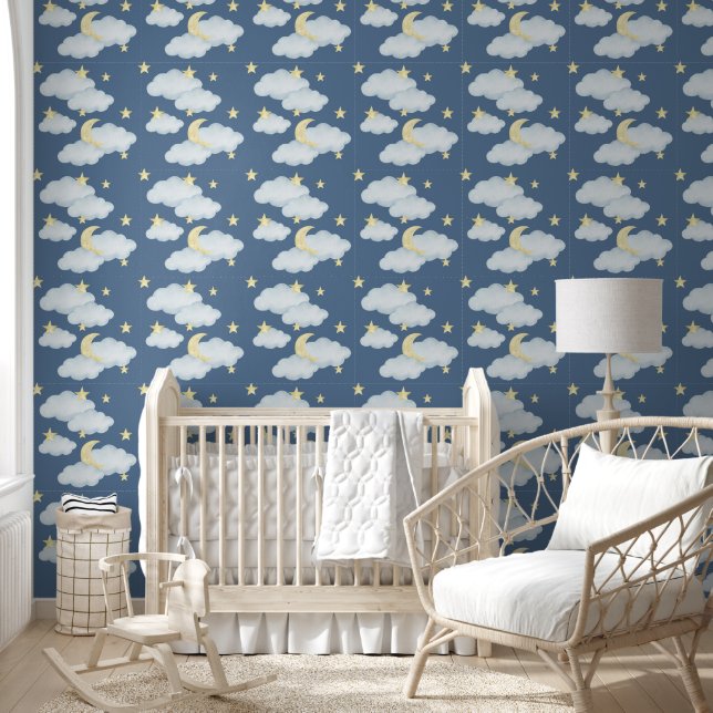 Moon Stars Clouds Sky Neutral Baby Nursery Wallpaper (Kids)