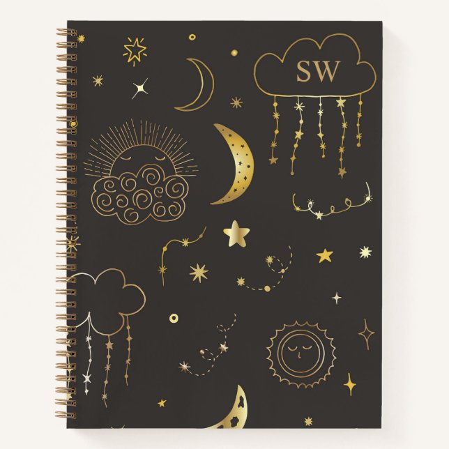 Moon & Stars Constellation Black & Gold Monogram Notebook (Front)