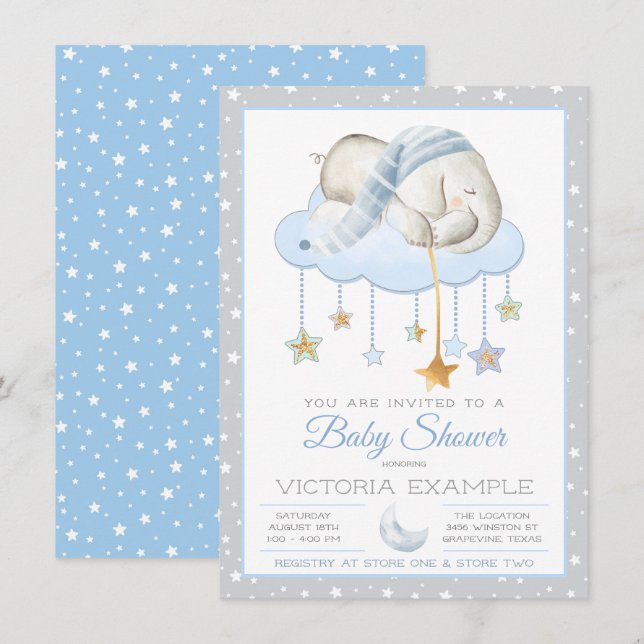 Moon Stars Garçon Elephant Baby Shower Invitations (Devant / Derrière)