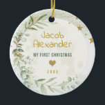 Moon & Stars Greenery Gold Baby 1st Christmas Ceramic Ornament<br><div class="desc">Moon & Stars themed ornament featuring elegant watercolour greenery and dreamy moon and star elements.</div>