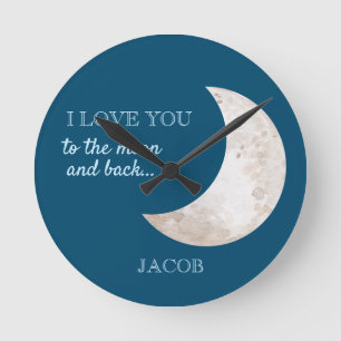 Moon Stars Navy Blue White Nursery Name Round Clock