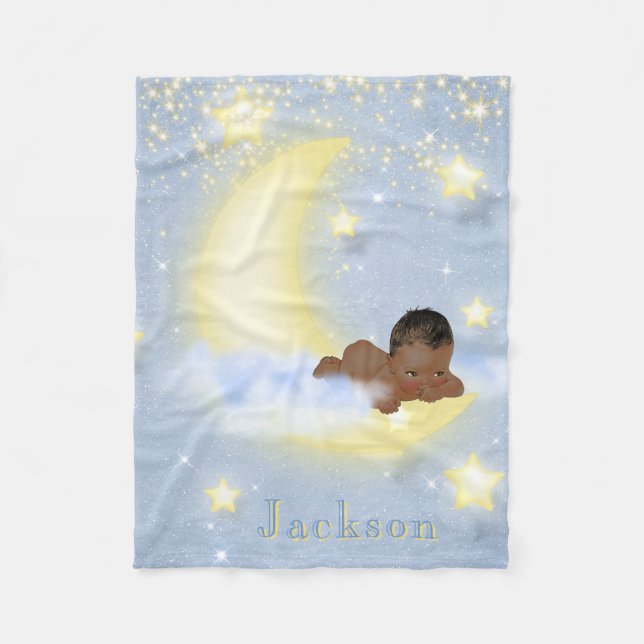 Moon Stars Personalized African American Baby Fleece Blanket (Front)
