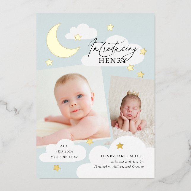 Moon Stars Photo Collage Blue Birth Announcement (Front)