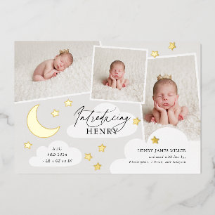 Moon Stars Photo Collage Grey Birth Announcement