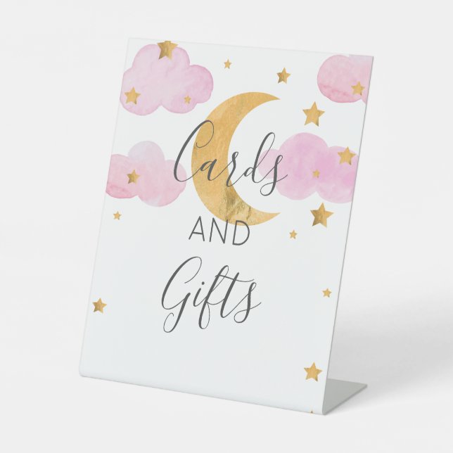 Moon & Stars Pink Baby Shower Cards and Pedestal Sign (Front)