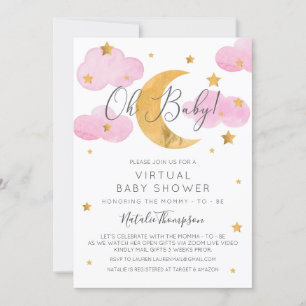 Moon & Stars Pink Virtual Baby Shower Inv Invitation