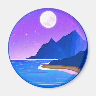 Moon, Stars Sea and Mountains in Violet and Blue   Magnet
