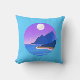 Moon, Stars Sea and Mountains in Violet and Blue   Outdoor Pillow