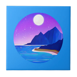 Moon, Stars Sea and Mountains in Violet and Blue  Tile