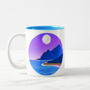 Moon, Stars Sea and Mountains in Violet and Blue Two-Tone Coffee Mug