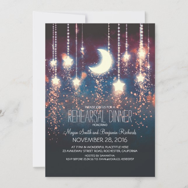 Moon Stars & String Lights Rehearsal Dinner Invitation (Front)