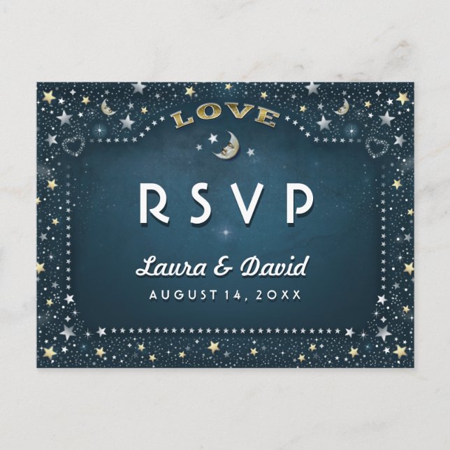 Moon & Stars Teal Gold & White Matching RSVP Invitation Postcard (Front)