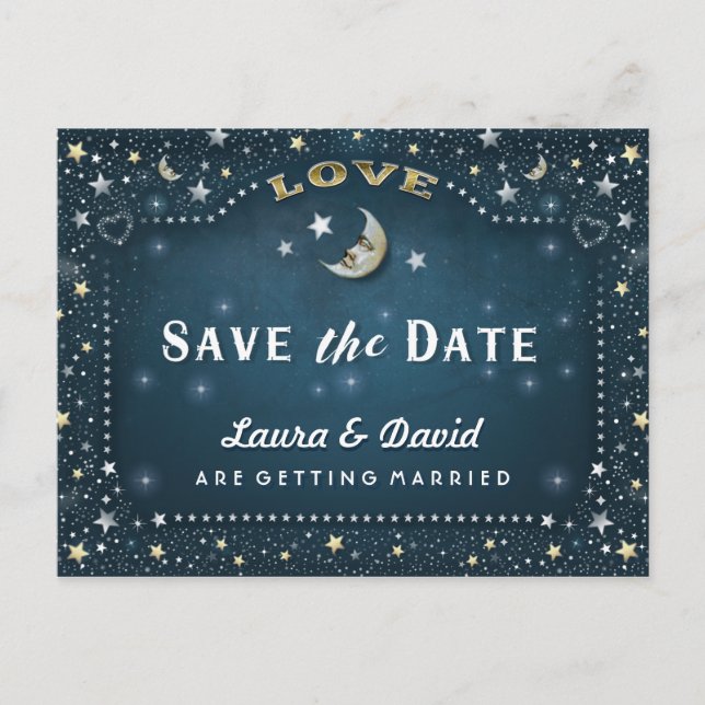 Moon & Stars Teal Gold & White Save Date Postcard (Front)