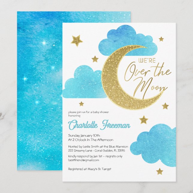 Moon & Stars Whimsical Starry Night Baby Shower Invitation (Front/Back)