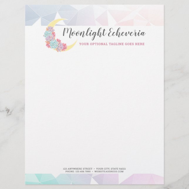 Moon & Succulents Pastel Mystic Boho Floral Cactus Letterhead (Front)