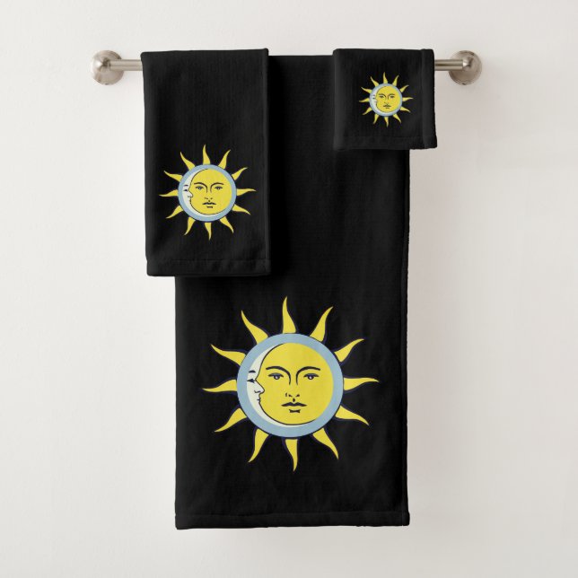 Moon & Sun Conjunction on Black Bath Towel Set (Insitu)