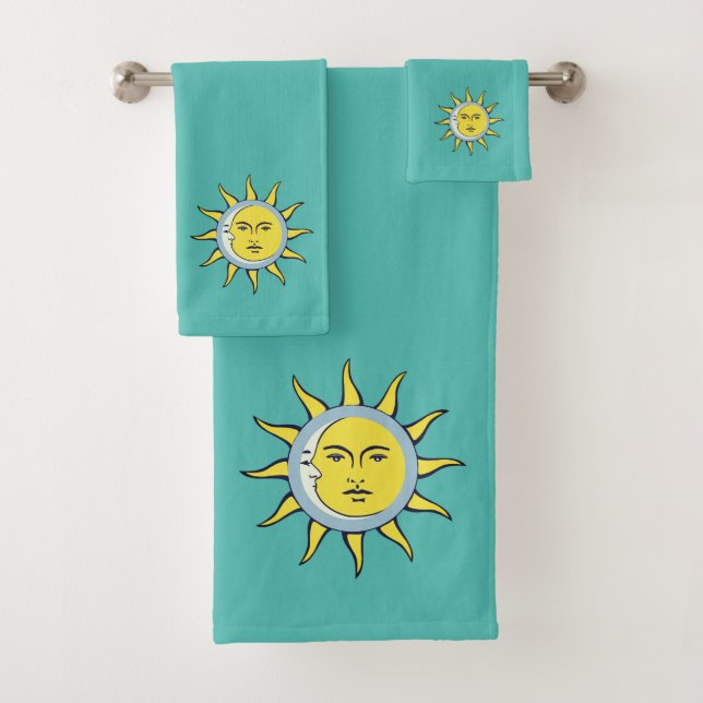 Moon & Sun Conjunction on Teal Bath Towel Set (Insitu)