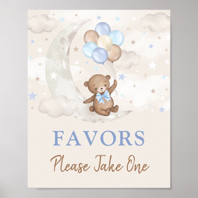 Moon Teddy Bear Blue Brown Balloons Favours Sign (Front)