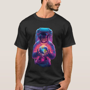 Moon Travelling Cat Holding Earth in Hands Funny K T-Shirt