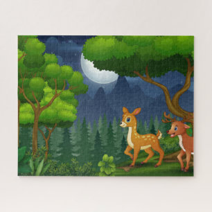 Moon Trees Deer Family in the Night Forest Jigsaw Puzzle