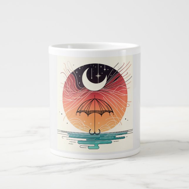Moon & Umbrella Surreal Boho Line Large Coffee Mug (Front)