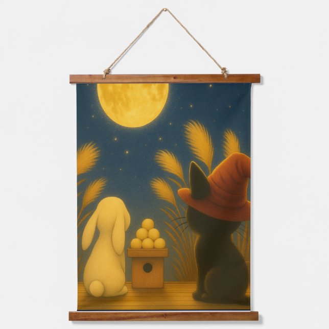 Moon Viewing Night – Black Cat and Rabbit under th Hanging Tapestry (Front)