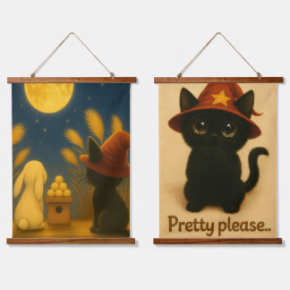 Moon Viewing Night – Black Cat and Rabbit under th Hanging Tapestry