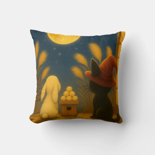 Moon Viewing Night – Black Cat and Rabbit under th Throw Pillow (Front)