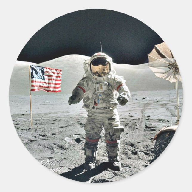 Moon Walk with American Flag Classic Round Sticker (Front)